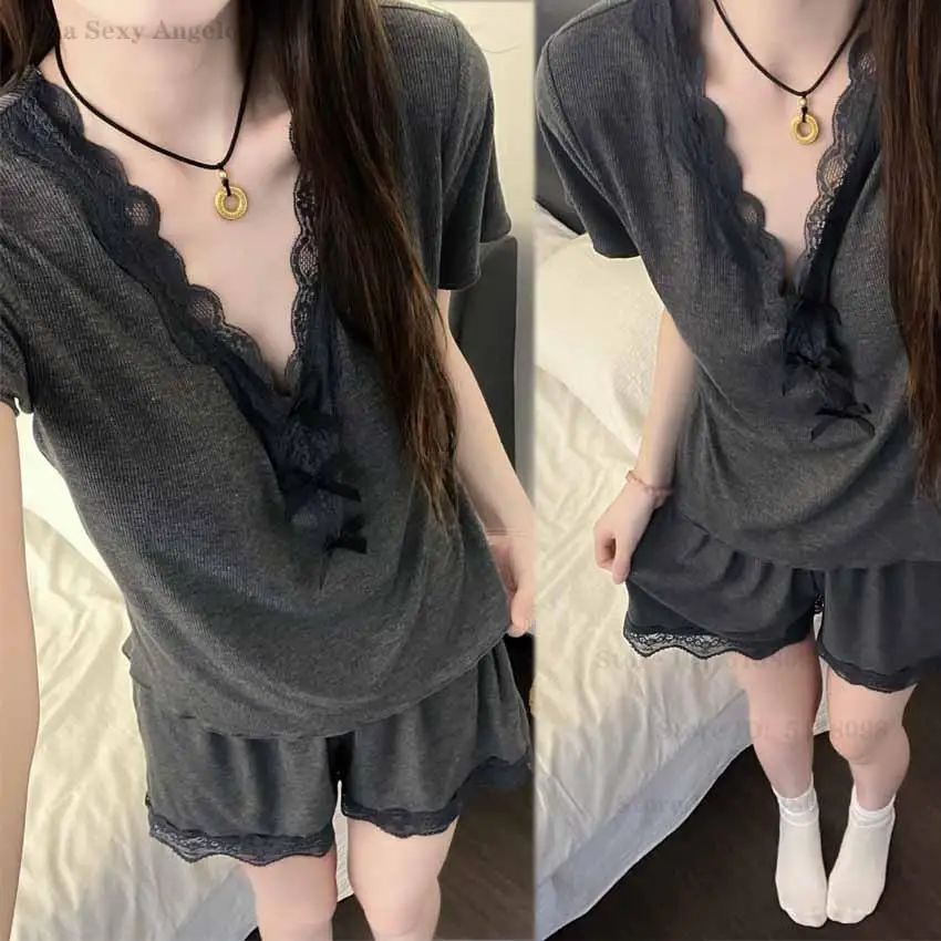 Modal Black Lace Trim Nightwear 2 Pcs Bow Short Sleeves Shirt&shorts Pajamas Premium Feel Elegant Home Clothes Sleepwear
