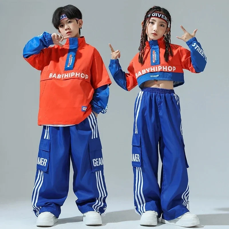 Boys Hip Hop Contrast Jacket Cargo Pants Girls Sweatshirt Pullovers Street Dance Clothes Sets Kids Tracksuit Children Streetwear