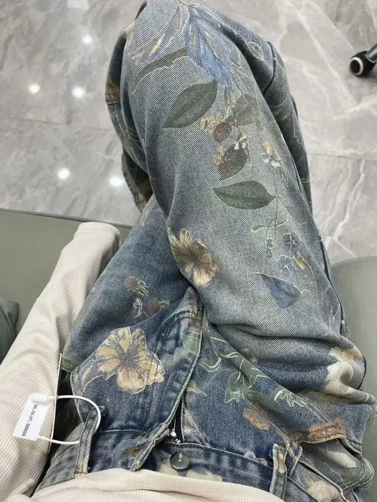 Amerikanischen Stil Neue Chinesische Stil Nationalen Trend Print Design Jeans Frauen Lose Gerade bodenlangen Wischen Lange Hosen