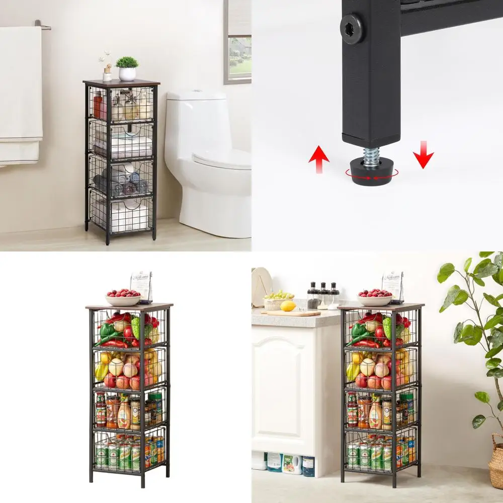 

5-Tier Wooden Top Bathroom Storage Unit with Pull-Out Baskets and Fruit Basket