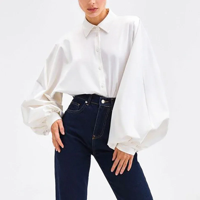 Casual Tops Loose White Shirt Lantern Long Sleeve Satin Blouse Fashion Women Office Lady Clothes Vintage Blusas Elegant 28690