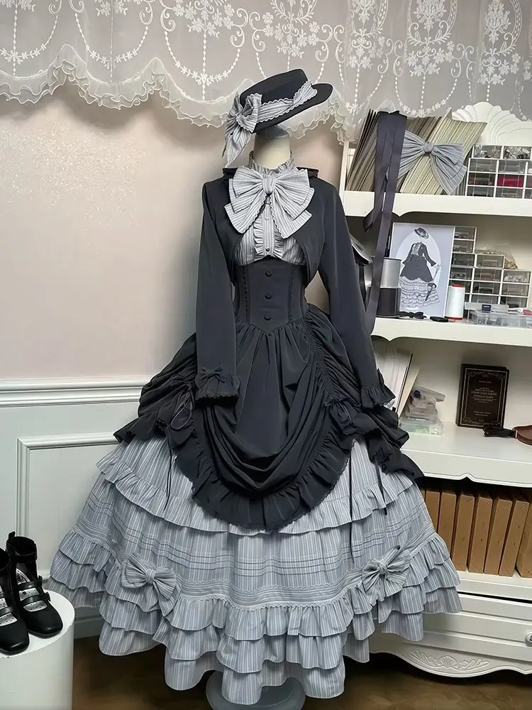 Spring Gothic Vintage 3 Piece Sets Women 2000s Aesthetic Elegant Coat+ Stripe Chic Blouse + Retro Skirt Female Korean Fashion
