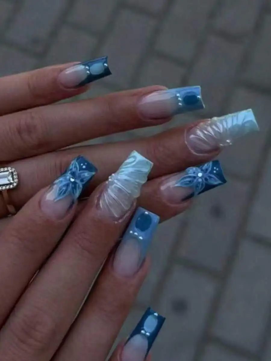 

24Pcs Acrylic Rectangular Press-On Nails With Blue Floral And Pearl Accents, Includes Jelly Gel & File For Elegant Daily Or
