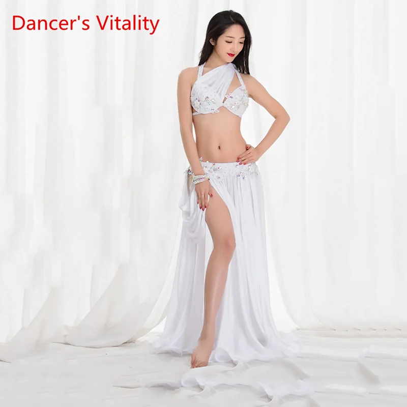 Women Sexy Belly Dance Show Wear Performance Oriental Dance Costume Handmade Luxury Drill Red White Suit Free Delivery