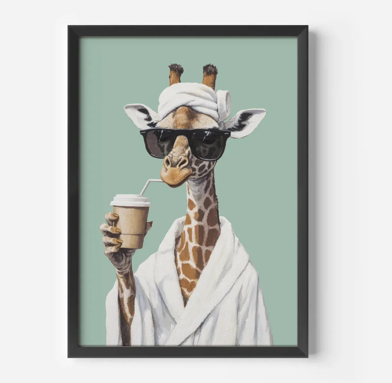 Cool Giraffe Bathrobe Towel Coffee Canvas Wall Art Prints Decor, Animal Picture for Bathroom, Washroom, Bedroom, Cafe