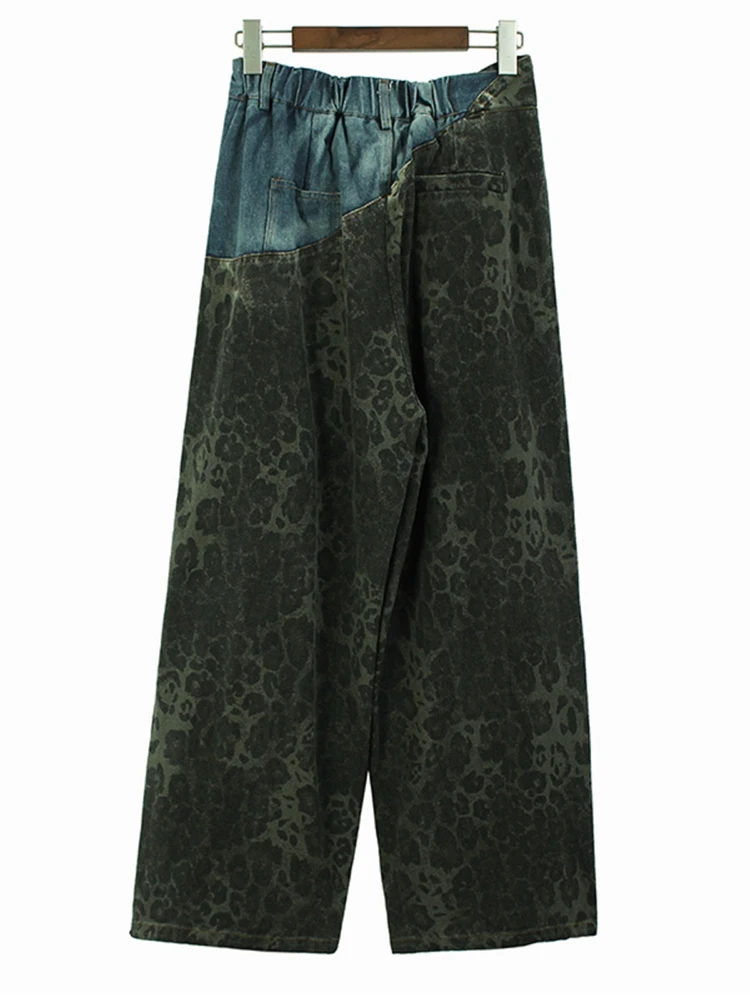 [EAM] High Elastic Waist Green Leopard Print Denim Long Wide Leg Pants New Trousers Women Fashion Spring Autumn 2024 1DH6193