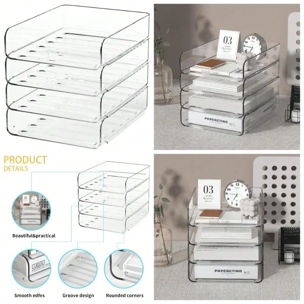 

Stackable 4-Tier Clear Acrylic Paper Tray Organizer For A4 Documents, Letters, Modern Office Desk Storage
