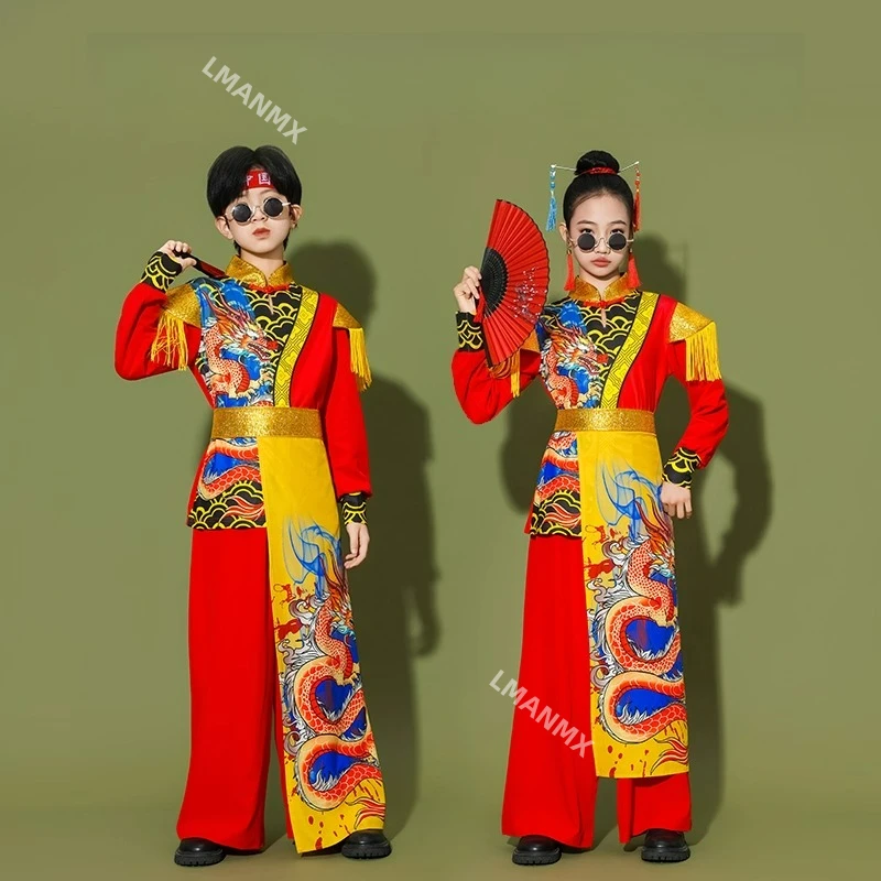 

Детская одежда для подиума в китайском стиле, национальная трендовая одежда для мальчиков и девочек, одежда для игры на барабанах