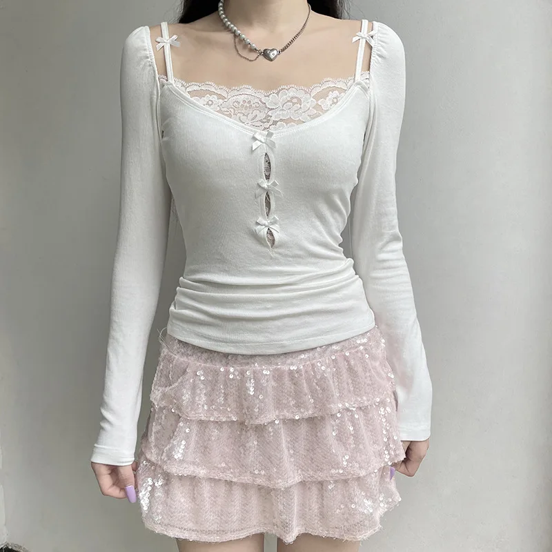 Patchwork Y2k Sweet Off-shoulder Cute T-Shirts Slim Lace  Bow Long Sleeve Coquette Aesthetic Basic Tees All Match Tops