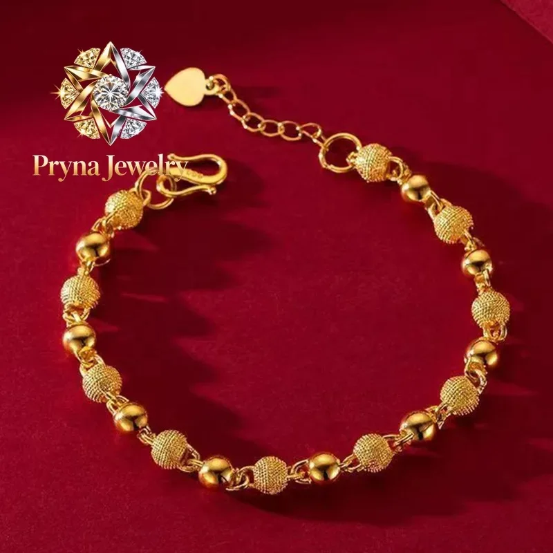 

Pryna Jewelry Luxury 24K 9999 Pure Gold real gold Women's Beaded Bracelet Adjustable Bracelet