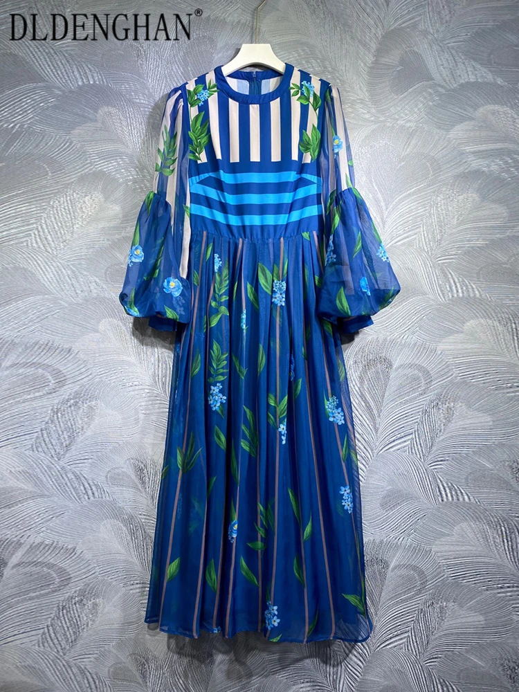 

DLDENGHAN Spring Long Dress Women O-Neck Puff Sleeve Striped Floral Print Vintage Party Dresses Fashion Designer New
