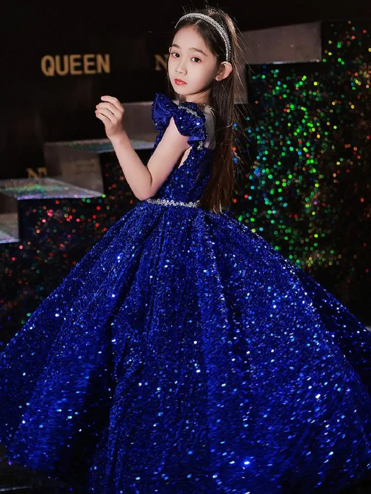 Princess Long Dress Girls Sequin Evening Weddings Prom Party Elegant Deep V Neck Clothes Children Baptism Gown Show Mesh Dress