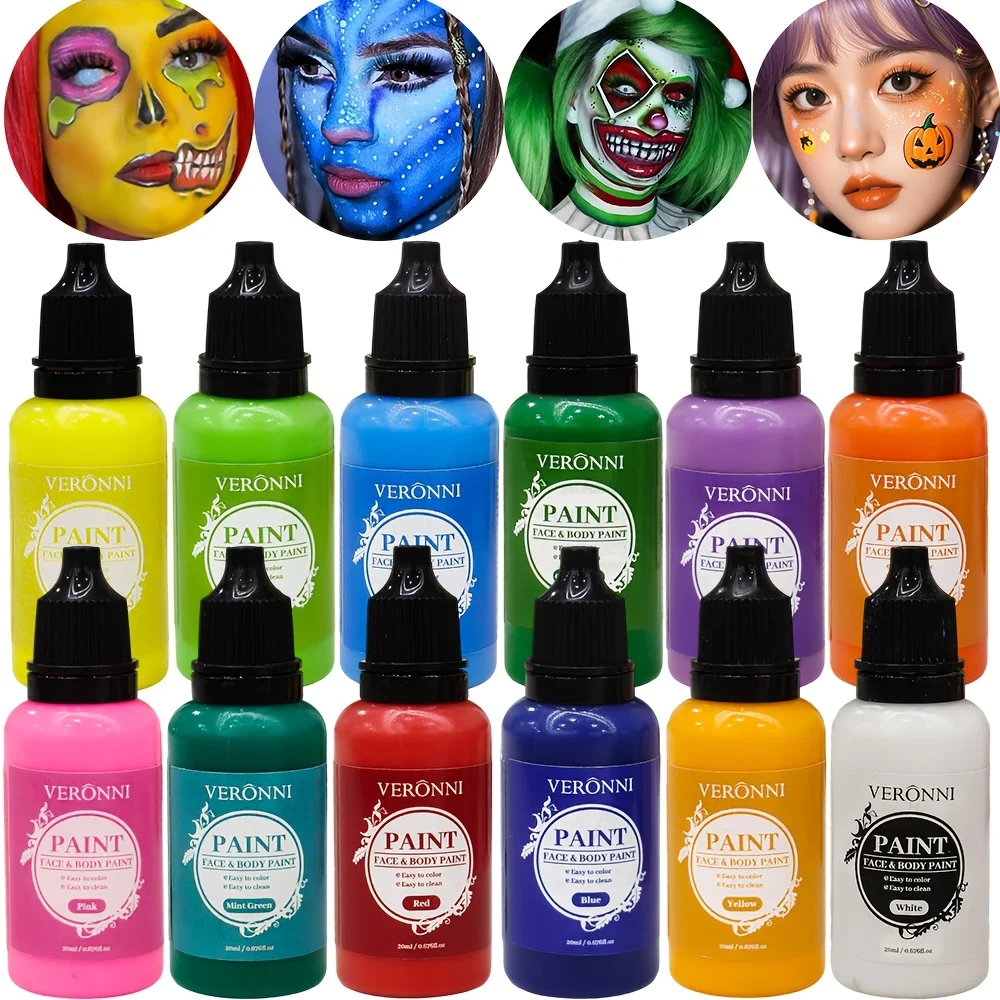 2 Bottles Black & White Face Paint Set with 1 Paint Brush, Halloween Cosplay Body Painting Makeup Kit for Party Stage Costume