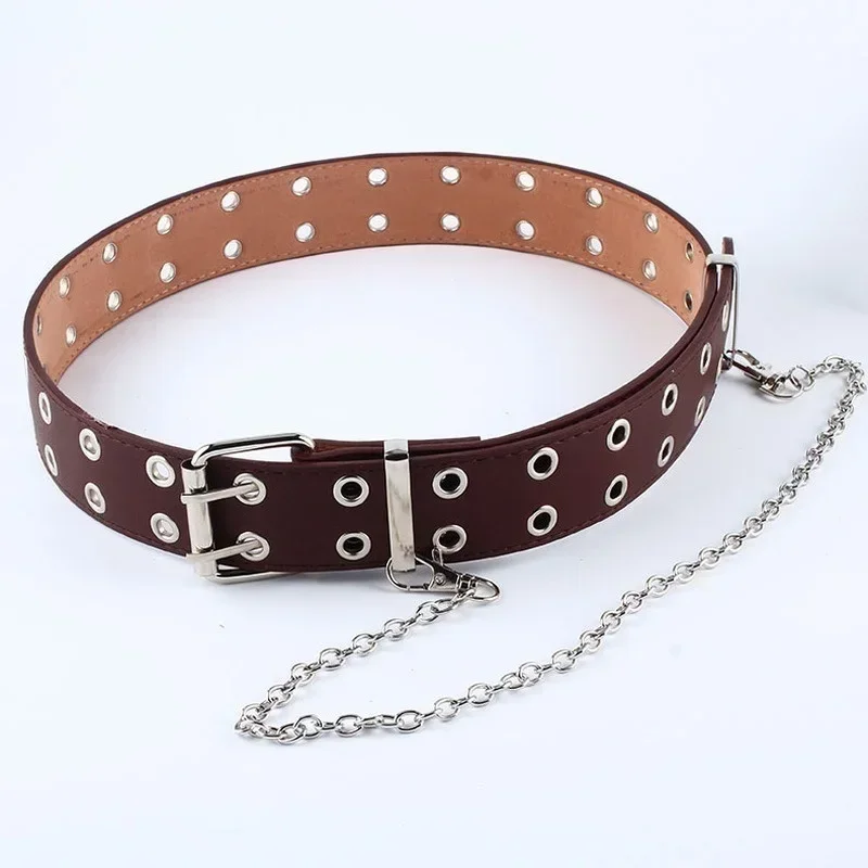 Women Punk Chain Fashion Belt Adjustable Double/Single Row Hole Eyelet Waistband with Eyelet Chain Decorative Belts