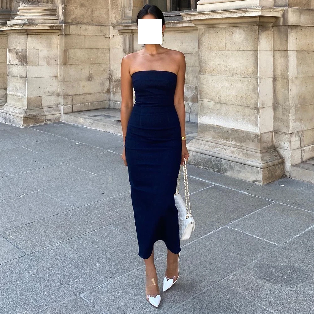 

Strapless Sleeveless Sheath Jersey Tea Length Slit Backless Solid Color Evening Dress Woman For Formal Occasion Custom Size 2024