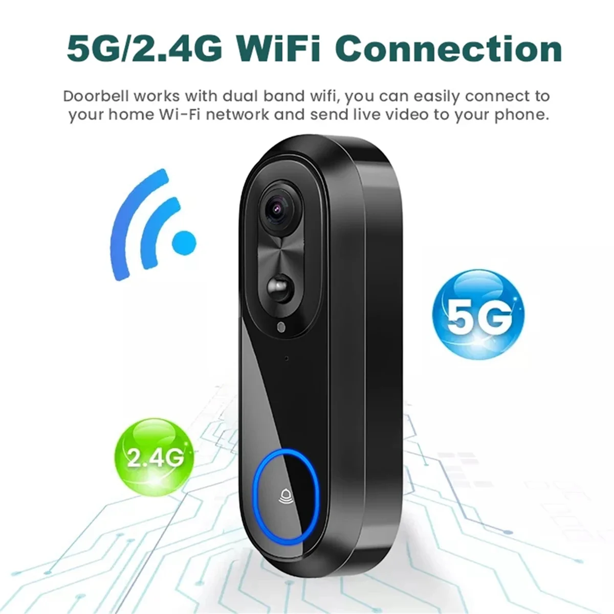 Campainha de Vídeo WiFi com Câmera Intercomunicadora Inteligente, Anel de Sino Sem Fio, IP65 Impermeável, Bateria 7000mAh, 1080P, 5G, 2.4G