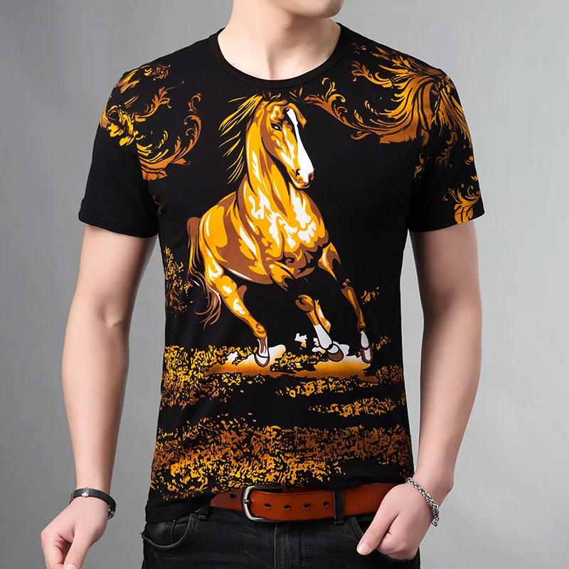 Yellow Horse 3D Print Short Sleeve O-Neck T Shirt For Men Casual Summer Quality Cotton Soft Comfortable Premium Camisetas Hombre