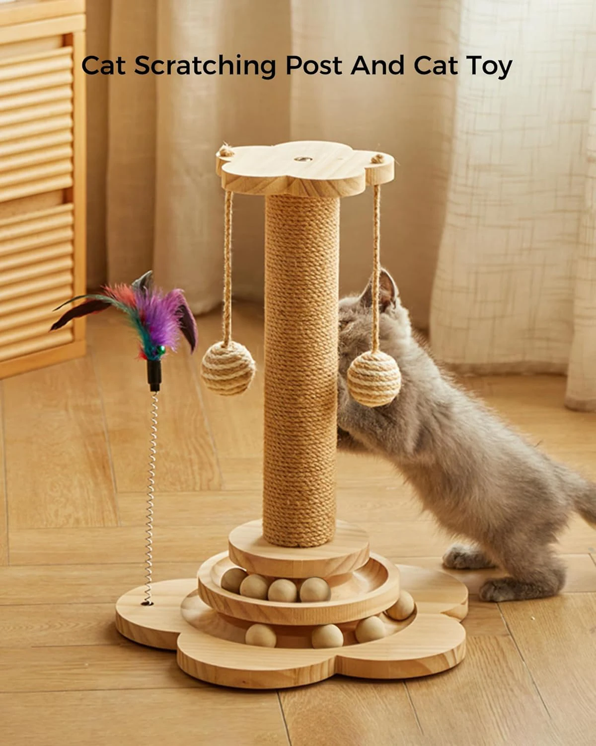 Katzen-Kratzbaum, 4-in-1 Holz-Katzenkratzspielzeug, 46cm Hoher Kratzbaum mit Horizontaler Katzen-Kreuzungskugel und 2 Bällen