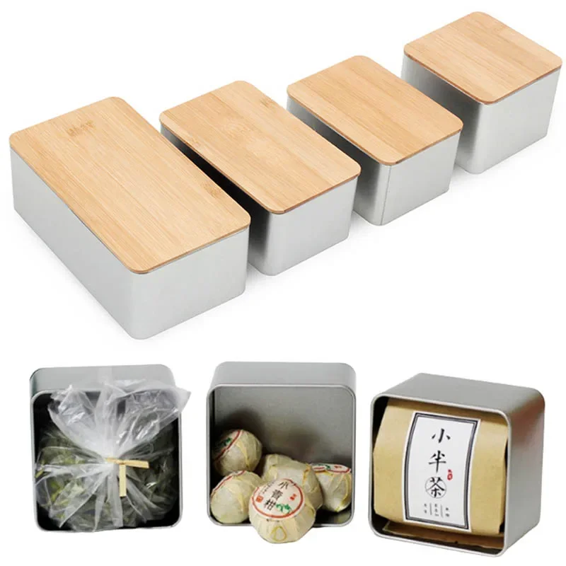 Empty Metal Tin Box With Wood Lid Small Vintage Candy Money Coin Key Pill Packaging Box Kitchen Food Containers Storage Boxes