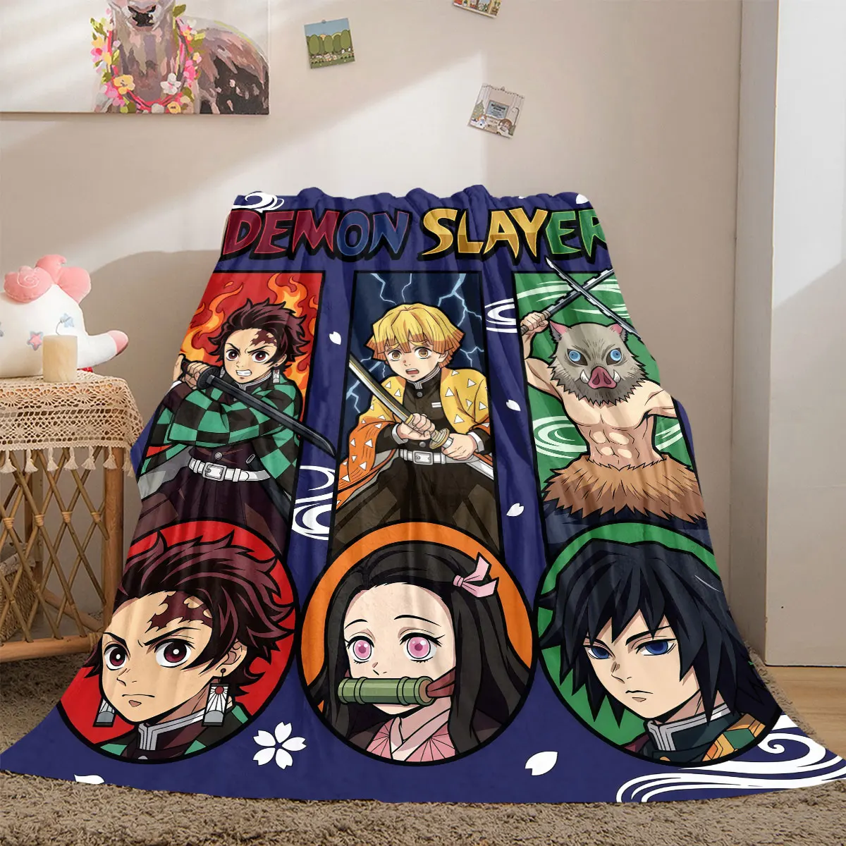 Demon Slayer Awesome 2D Print Flannel Blanket, Cartoon Theme for Bed, Warm Home Decor Travel Picnic Wrap_LIAN