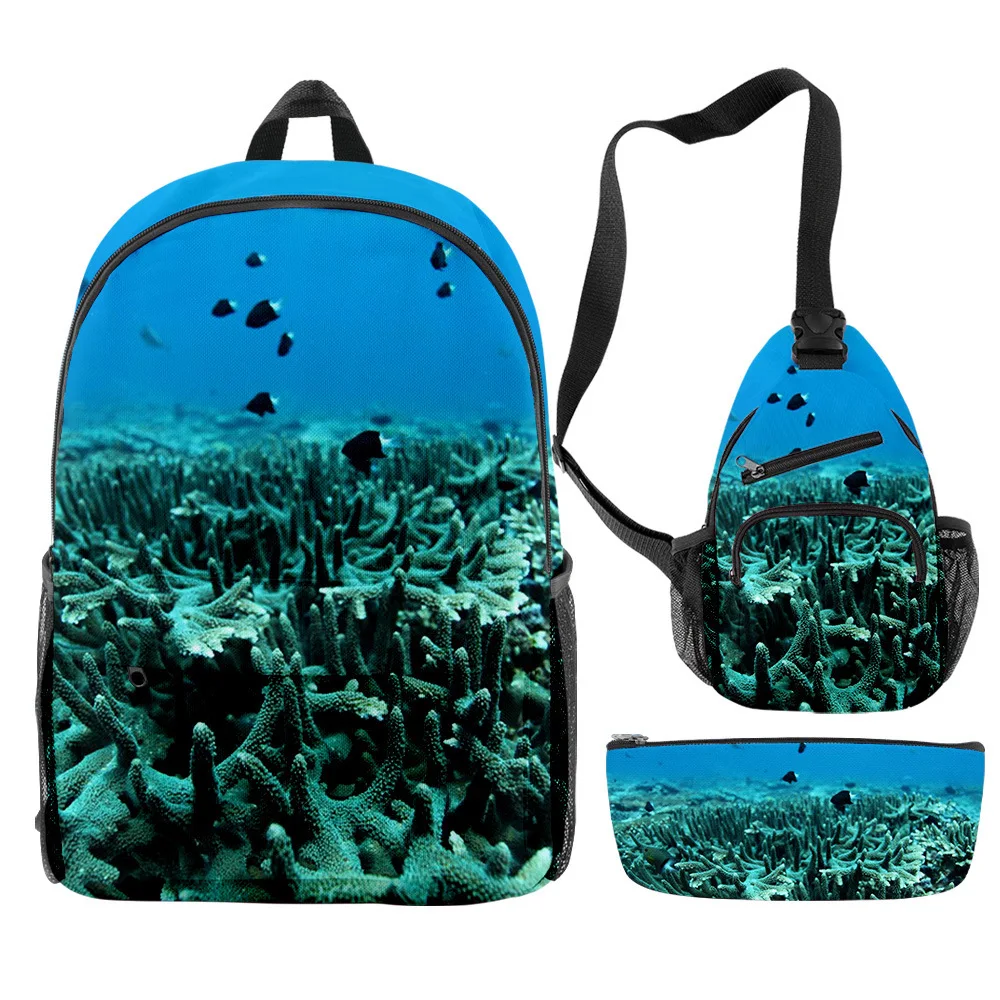 Cartoon Novelty Cool Coral Underwater World 3D Print 3pcs/Set pupil School Bags Travel Laptop Backpack Chest Bag Pencil Case