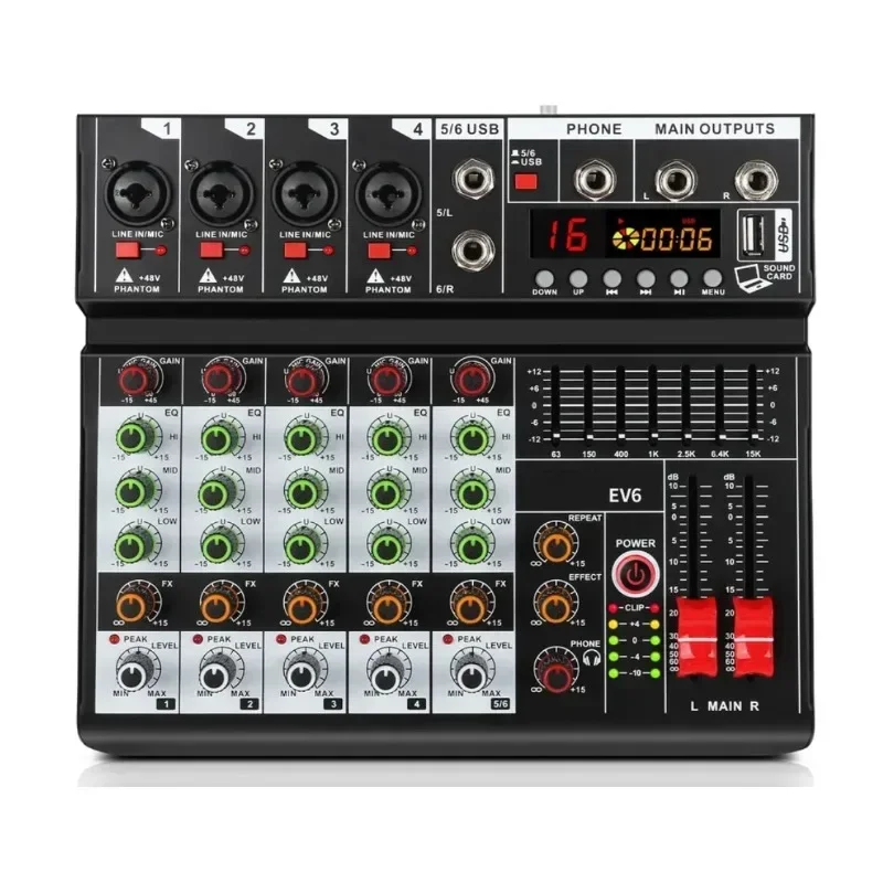 Six-channel mixer with reverb Bluetooth playback control effects EQ mixer