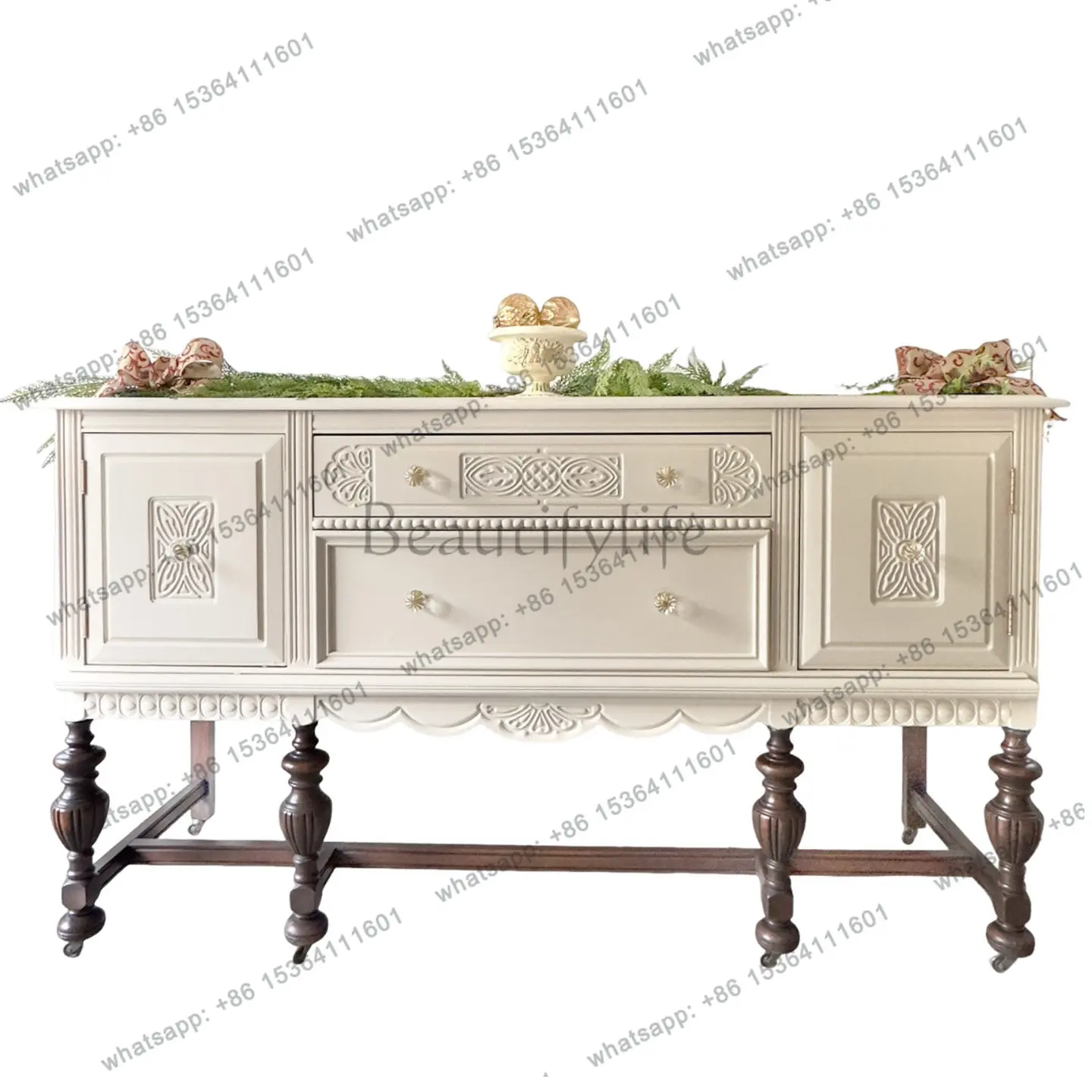 

2026 French solid wood carved entryway cabinet American vintage home dining sideboard
