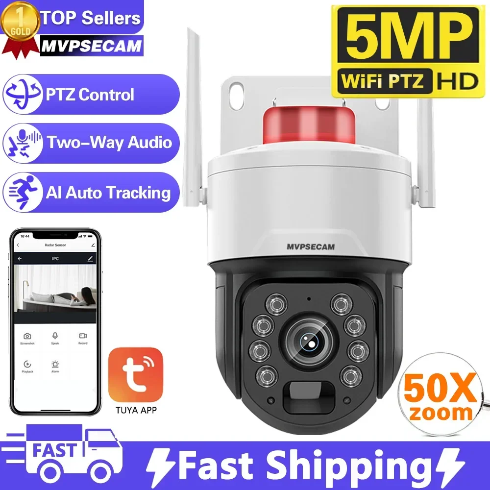 Tuya Smart Life 5MP 50X Zoom Wifi IP Security Camera Outdoor 2-Way Audio Auto Tracking PTZ Wireless CCTV Surveillance Camera 4K