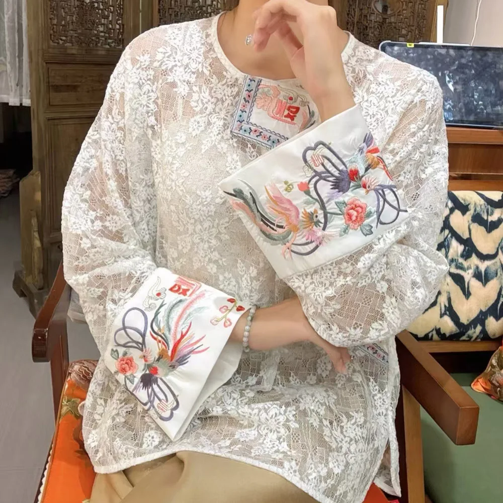 

Высококачественный весенний топ, новый топ в китайском стиле, женский топ с круглым вырезом и вышивкой, свободная блузка, рубашка S-XL