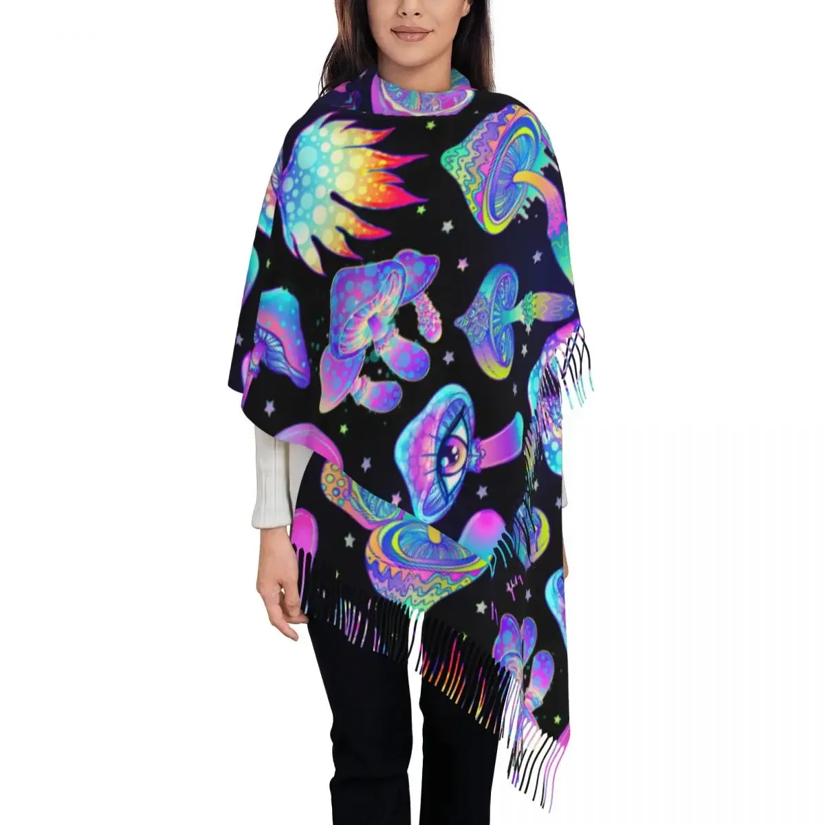 Magic Mushrooms Shawl Wraps for Women Winter Large Soft Scarf Psychedelic Pashmina Tassel Scarves