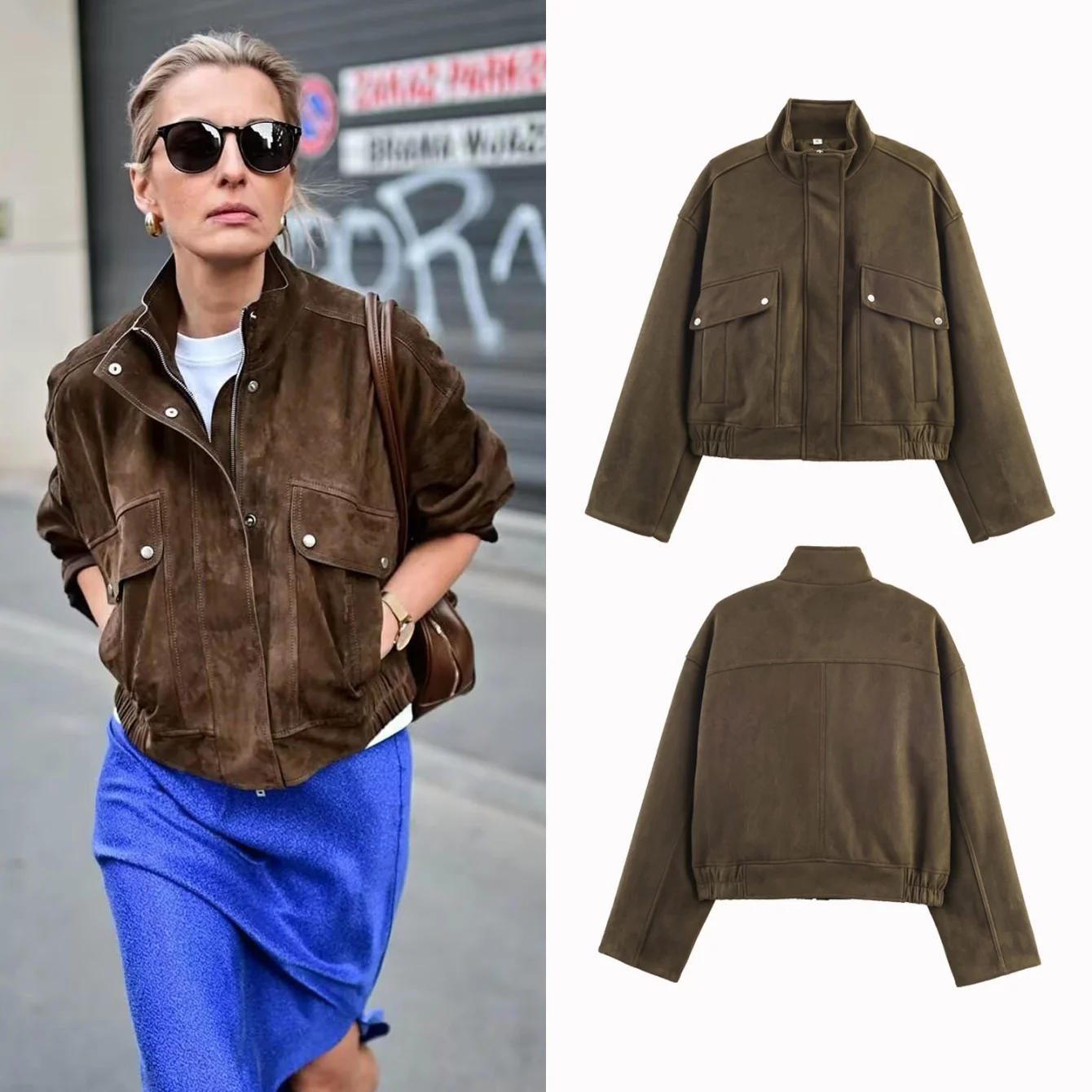 

Women's Coat Vintage Suede Jacket Loose Zippers Pockets Outerwears Long Sleeve Coats Lady 2025 Autumn Winter Jackets