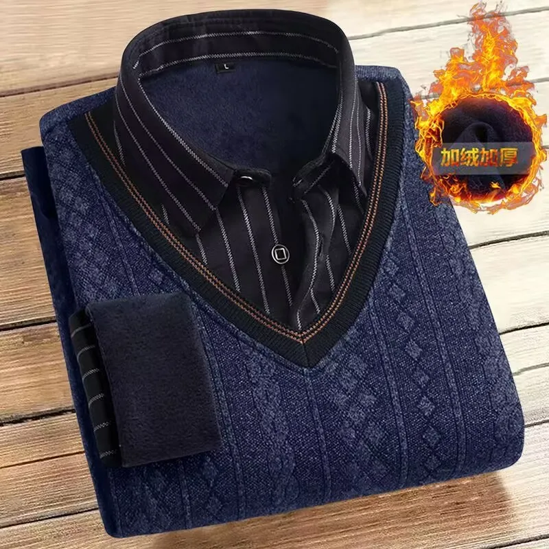 Camisa de lã masculina-Camisola com colarinho, Grade impressa, Grossa, Quente, Veludo, Masculino, Outono, Inverno, Moda, 5XL, 2024