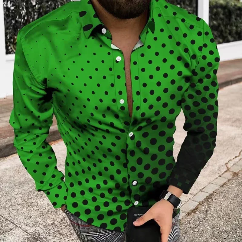 Camisa a cuadros de lunares para hombre, botones de moda, informal, exterior, calle, solapa, talla grande