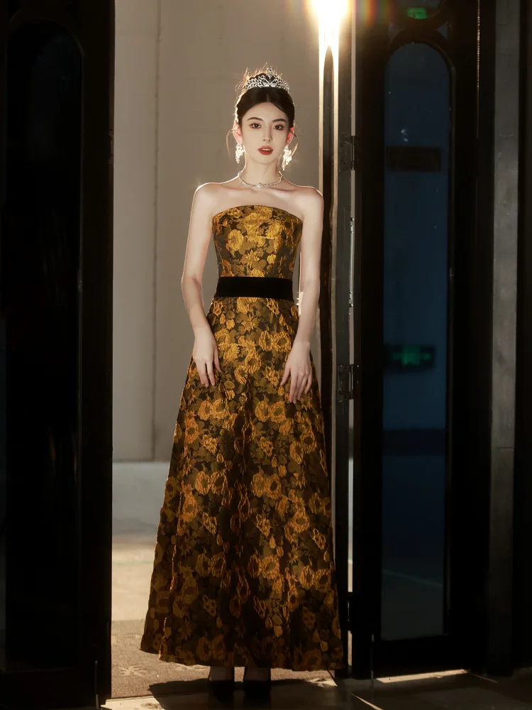 Elegant Strapless Evening Dress Luxury Golden Printed Slim Fit Simple Belt Design Prom Gown A-line Backless Long Vestido