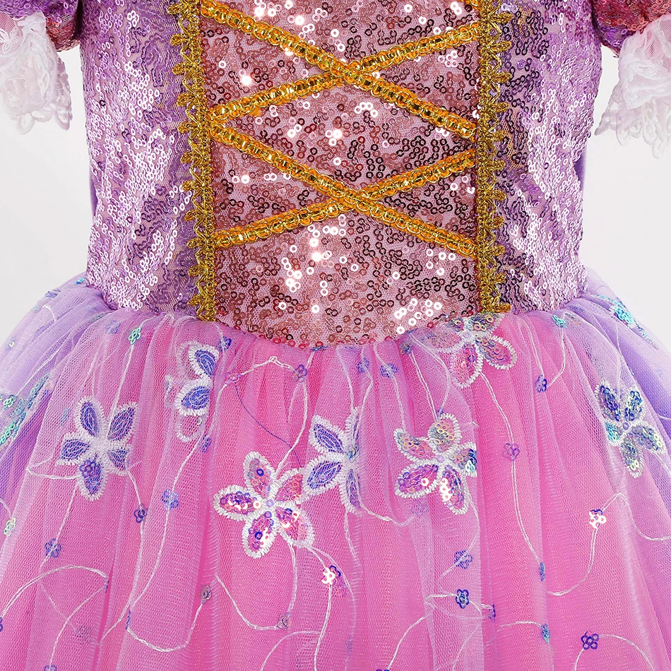 Princess Rapunzel Cosplay Dress Gril Luxury Lace Sequin Purple Frocks Carnival Princess Outfits Kids Halloween Clothes