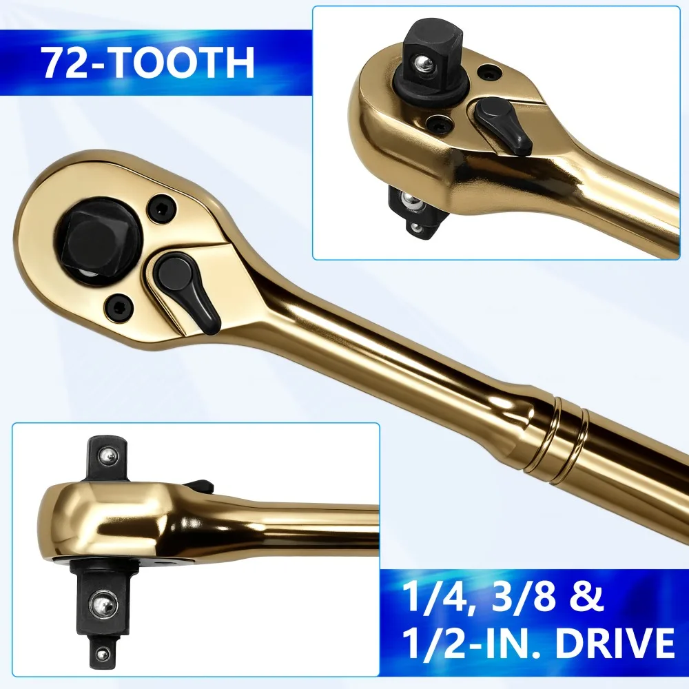 3-in-1 Golden Ratchet Socket Wrench,72-Tooth Dual Head Reversible 1/4