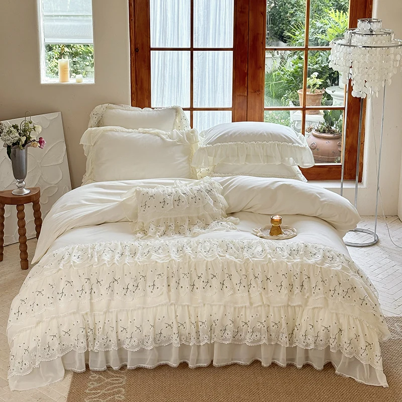 Beige Romantic Sweet Lace Ruffles Duvet Covers Bed Sheet Pillowcases 1000TC Egyptian Cotton Brushed Princess Wedding Bedding Set