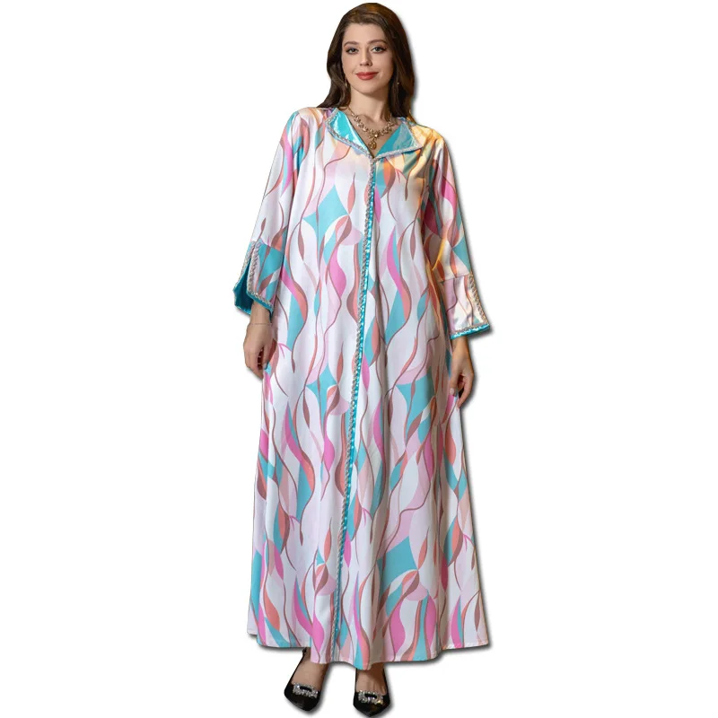 Eid Muslim Sequins Dress for Women Abaya Ramadan Printed diamond inlay Long Abayas Woman Robe Moroccan Caftan Vestidos