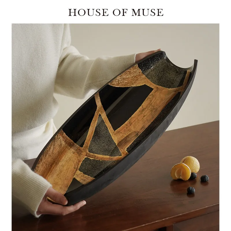 Boat-Shaped Glass Art Curled-Edge Decorative Snack Fruit Storage Dish Hotel Living Room Dining Table Atmosphere Art Tray