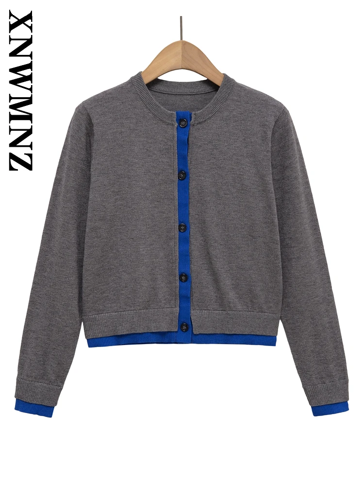 

XNWMNZ 2025 Осеннее новое женское повседневное шикарное вязаное топ с длинными рукавами и длинными рукавами, простое модное женское серое винтажное тонкое пальто с круглым воротником