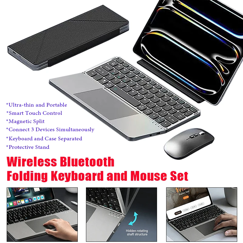 2 In 1 Wireless Bluetooth 5.0 Folding Keyboard and Mouse Set with Touchpad & Detachable Leather Stand for Phones Tablets PC