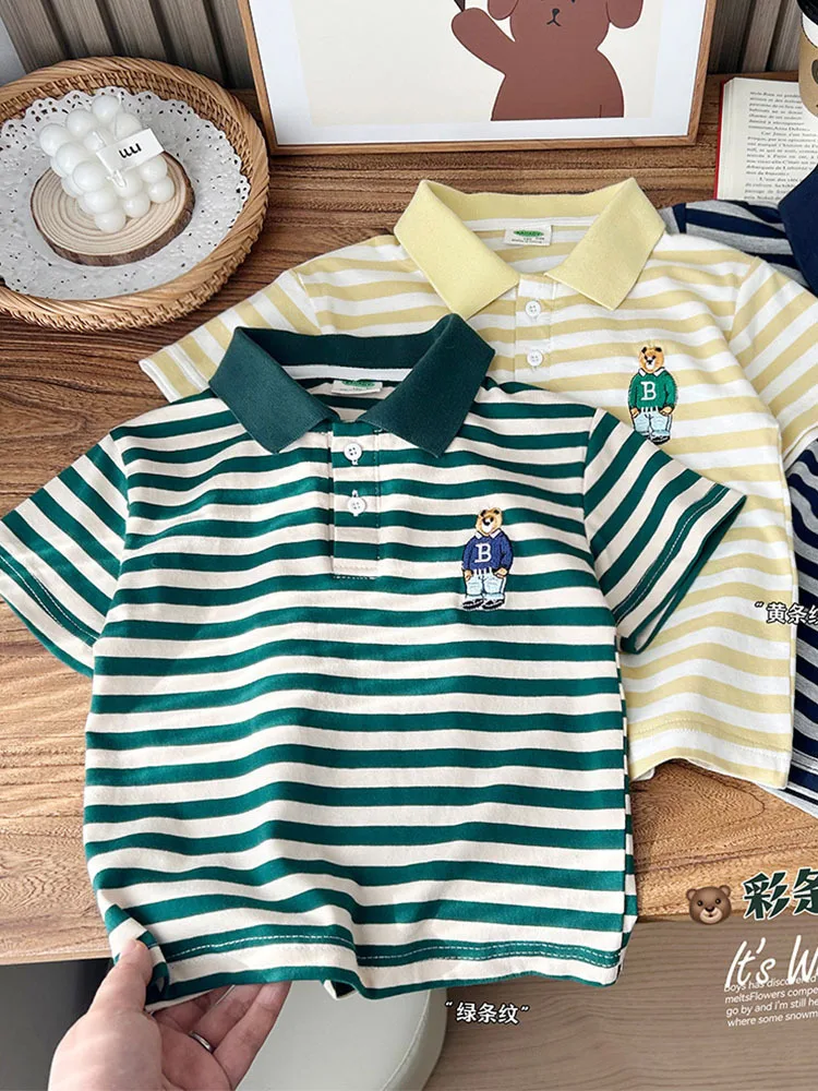 Children's striped short sleeved polo shirt, new summer style for middle-aged and young boys, loose elastic lapel T-shirt top