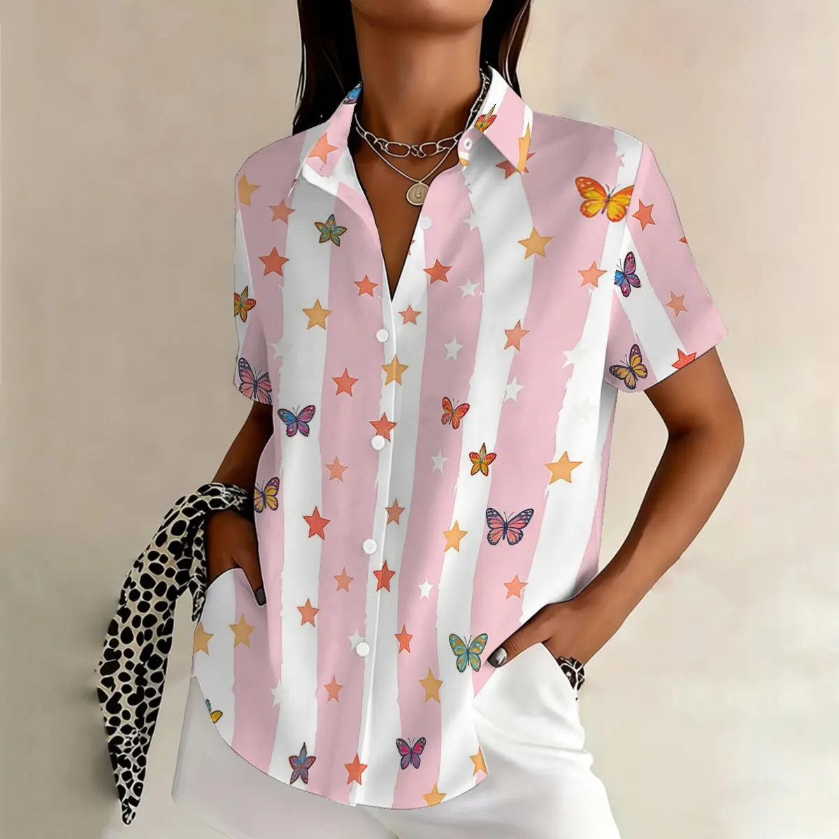 

Summer women's plus-size short-sleeve shirt with striped, star and butterfly elements, romantic and suitable for outings, work