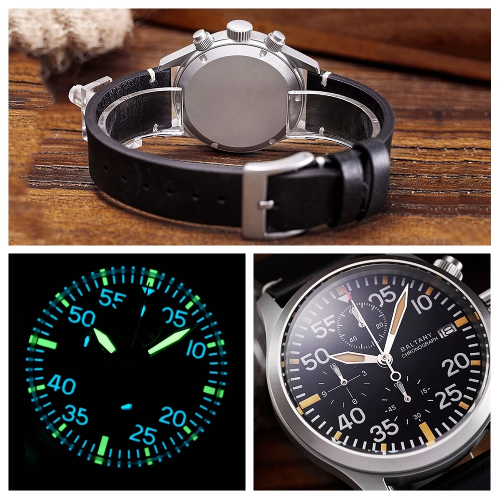 นาฬิกาทหาร39มม. ของผู้ชายนาฬิกานักบินวินเทจโครโนกราฟนาฬิกาควอตซ์ VK67สไตล์วินเทจ