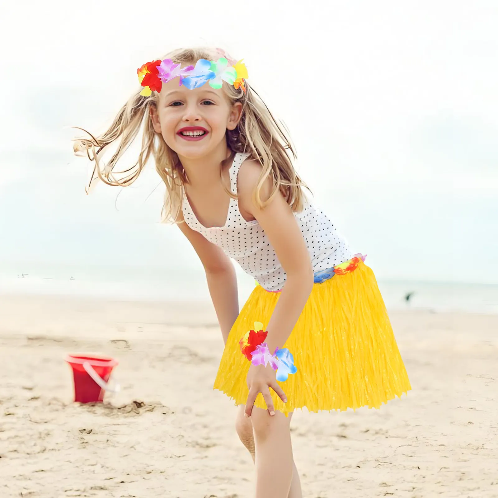 

Hawaiian Hula Skirt Set Yellow Simulation Flower Headdress Bracelets Garland Luau Party Supplies Hawaiian Hula Skirt Set