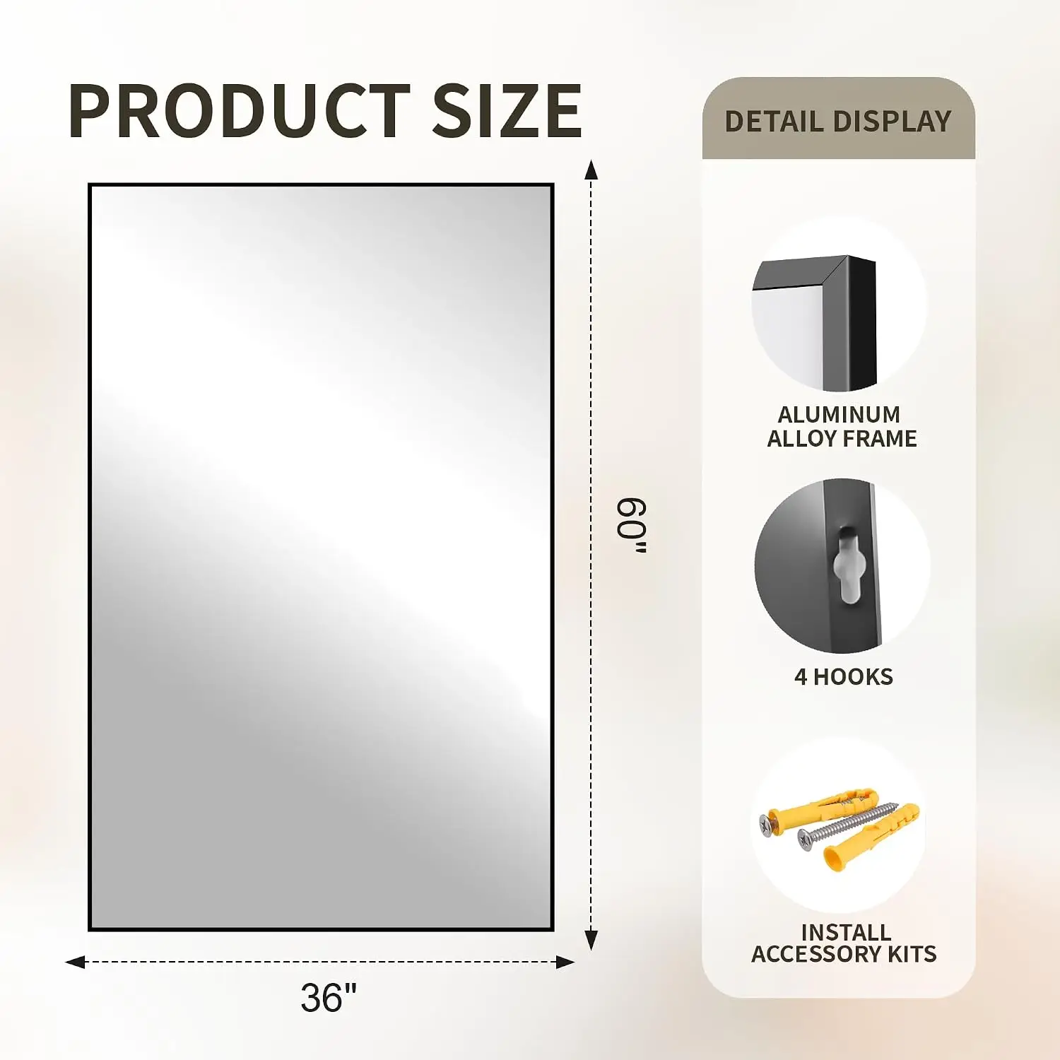 Wall Mounted Mirror 60 X 36 Black Vanity Sink Tempered Glass Anti Rust Shatterproof Bedroom Entryway Living Room