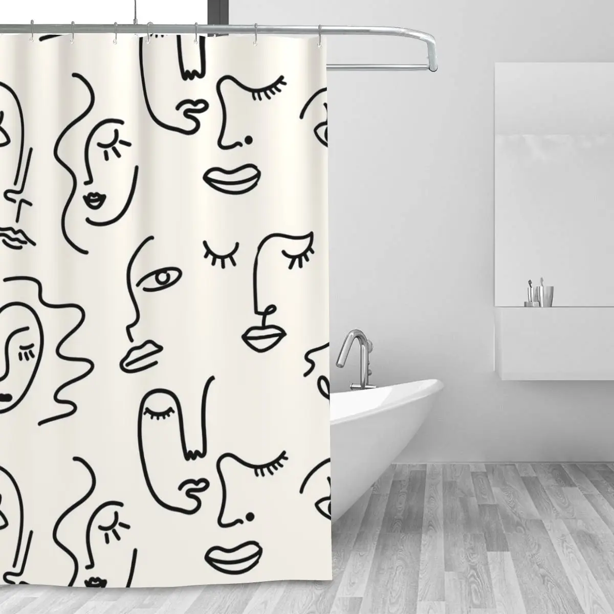 Abstract Faces Line Art Pattern Shower Curtain Bathroom Polyester Waterproof Bath Curtains with Hooks