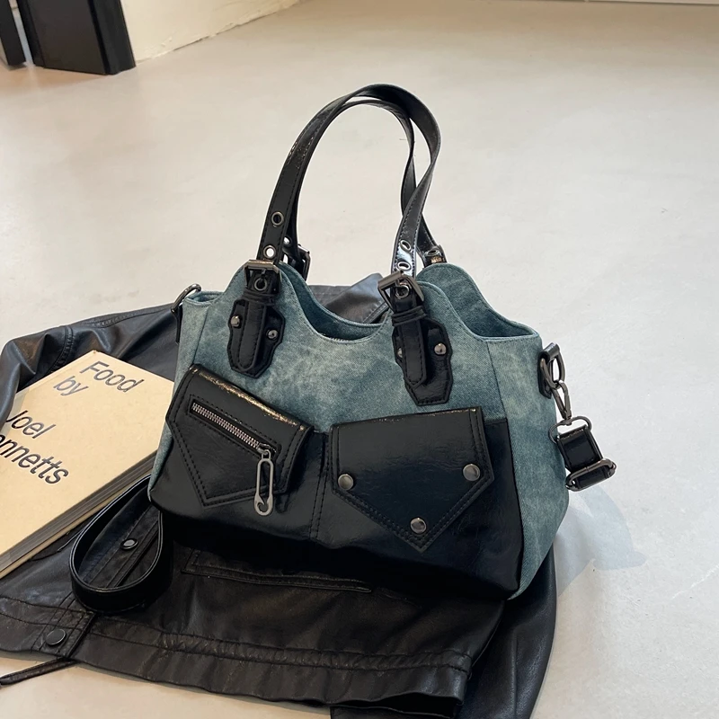 

Ретро-сумка-тоут для женщин 2026: Новая модная сумка из денима и ПУ с пэчворком, вместительная сумка через плечо в русском стиле