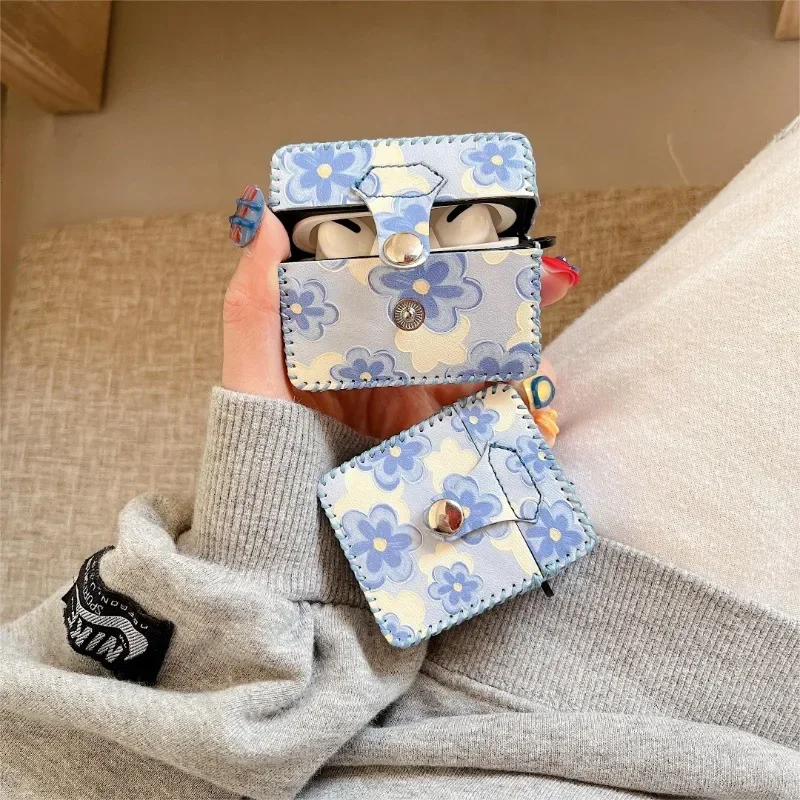 Fresh Blue Flower Earphone Case Apple AirPods 4 12 3 AirPods Pro 2 Protective Cover Premium Leather Texture Metal Button Closure