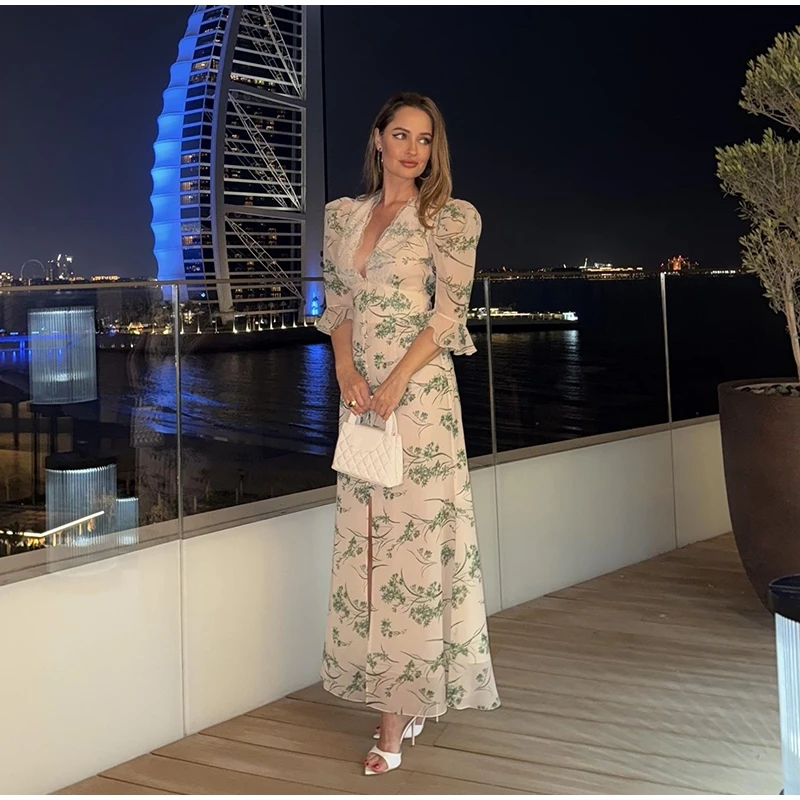 Elegant Ruffle Women's Long Dresses V Neck Half Sleeve Button Waist Cinching Pleated Dress 2026 Spring Lady Fashion Party Robes